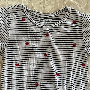 LOFT Black and White Striped Tee with Red Apples